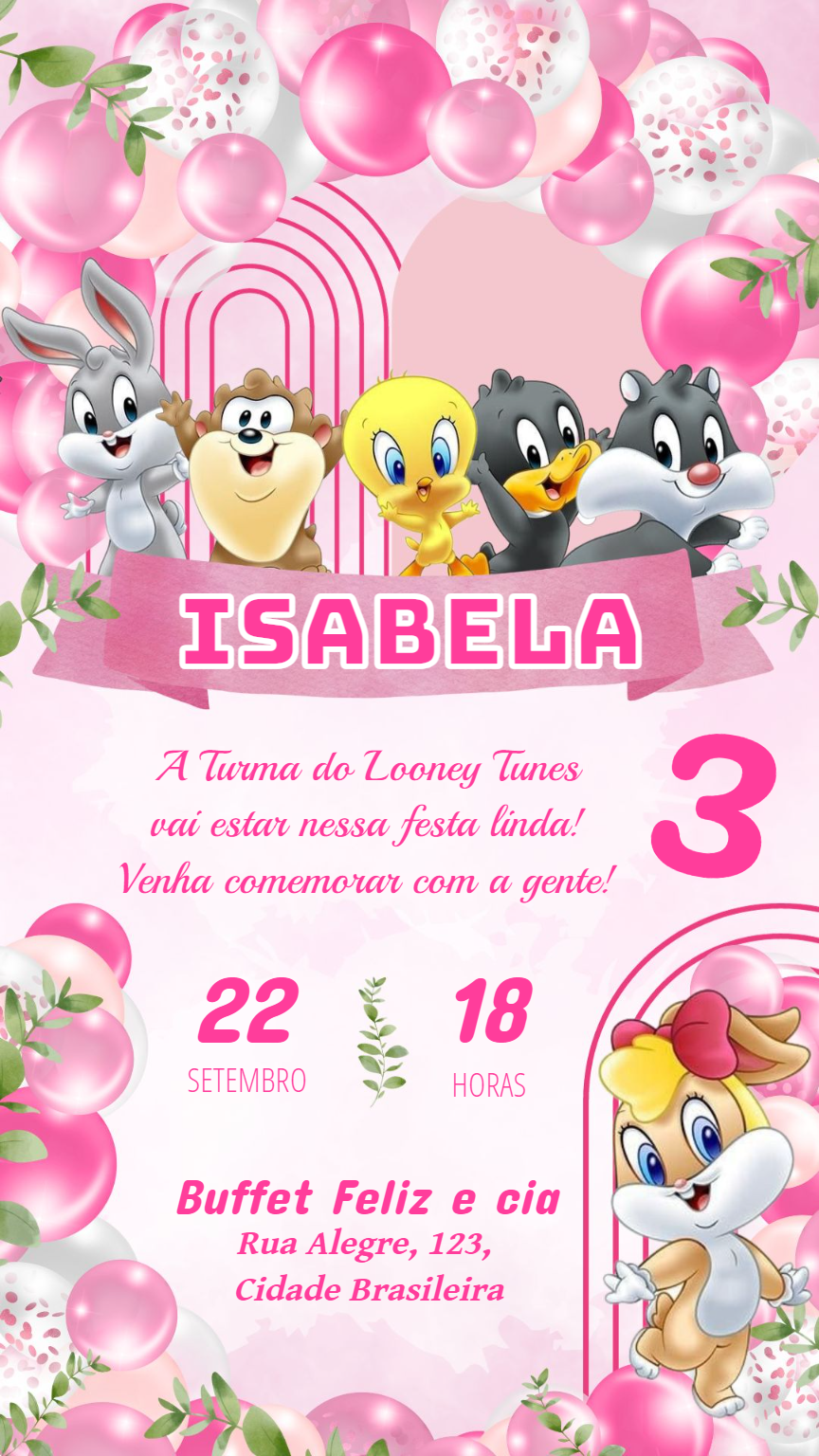 Convite Aniversário Looney Tunes Baby Rosa para Editar Online Convite Aniversário Looney Tunes Baby Rosa para Editar Online