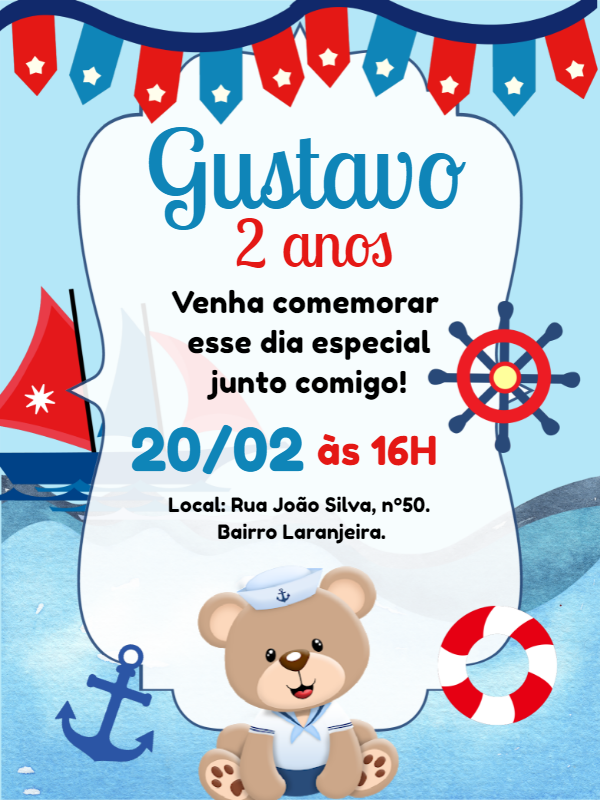 Convite Aniversário Ursinho Marinheiro para Editar Online Convite Aniversário Ursinho Marinheiro para Editar Online