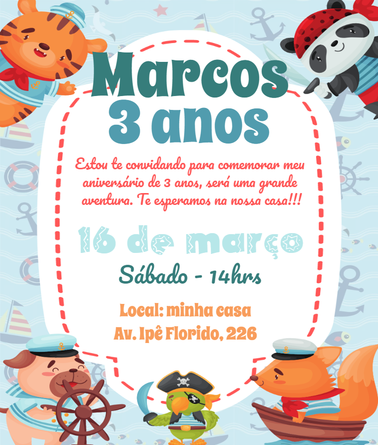 Convite Aniversário Animais Marinheiros para Editar Online Convite Aniversário Animais Marinheiros para Editar Online