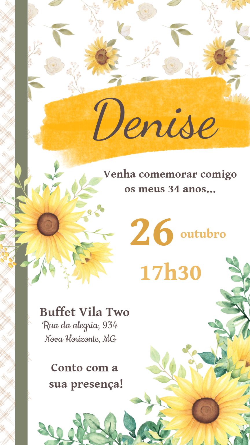 Convite Aniversário Girassol Delicado para Editar Online Convite Aniversário Girassol Delicado para Editar Online