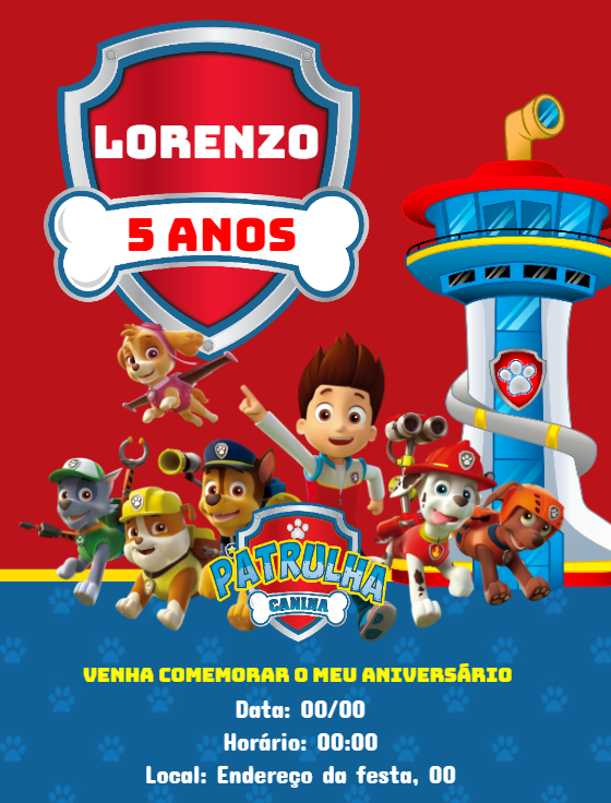 Convite Aniversário Patrulha Canina com Personagens para Editar Convite Aniversário Patrulha Canina com Personagens para Editar