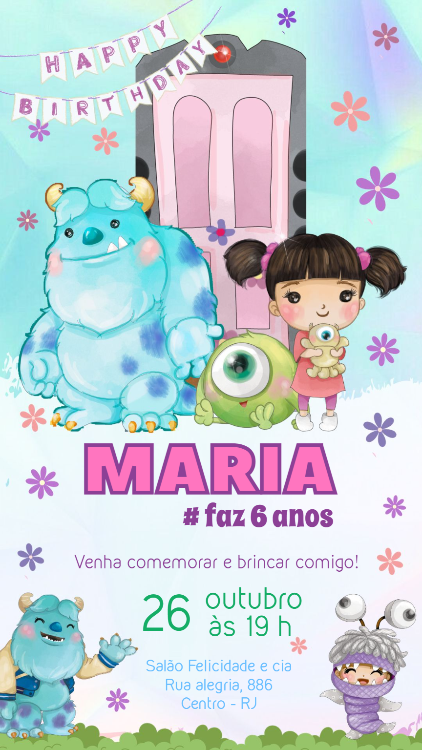 Convite Aniversário Monstros SA Cute para Editar Online Convite Aniversário Monstros SA Cute para Editar Online
