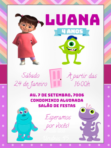 Convite Aniversário Monstros SA com Boo e Mike para Editar Convite Aniversário Monstros SA com Boo e Mike para Editar