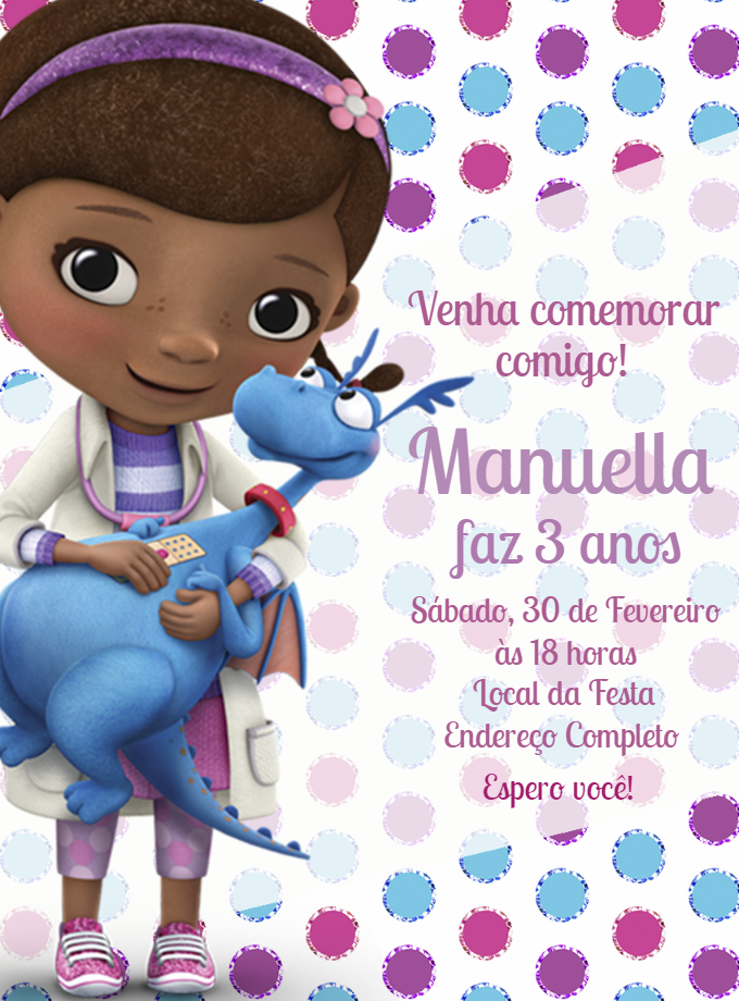 Convite Aniversário Doutora Brinquedos para Editar Online Convite Aniversário Doutora Brinquedos para Editar Online