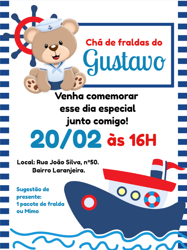 Convite Chá de Fraldas Ursinho Marinheiro para Editar Online Convite Chá de Fraldas Ursinho Marinheiro para Editar Online