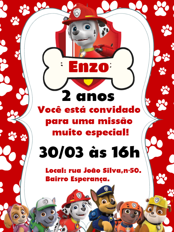 Convite Aniversário Patrulha Canina Marshall para Editar Online Convite Aniversário Patrulha Canina Marshall para Editar Online