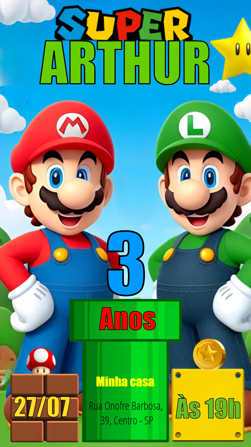 Convite de Aniversário Super Mario Bros para Editar Online Convite de Aniversário Super Mario Bros para Editar Online
