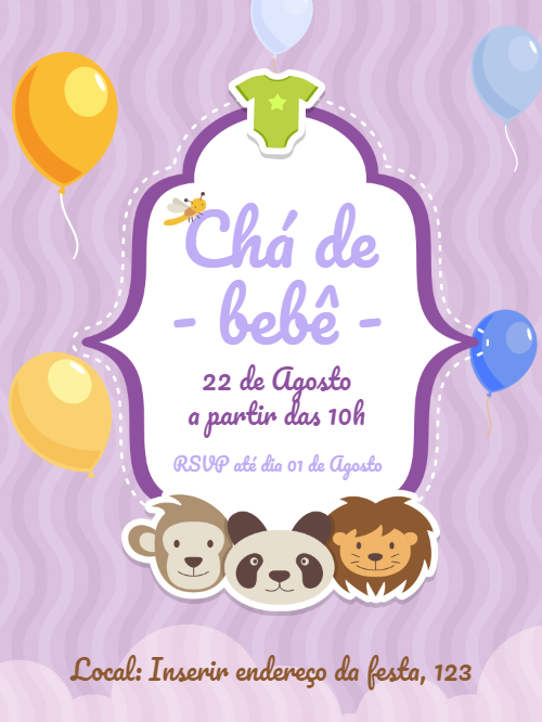 Convite Chá de Bebê Safari Lilás para Editar Online