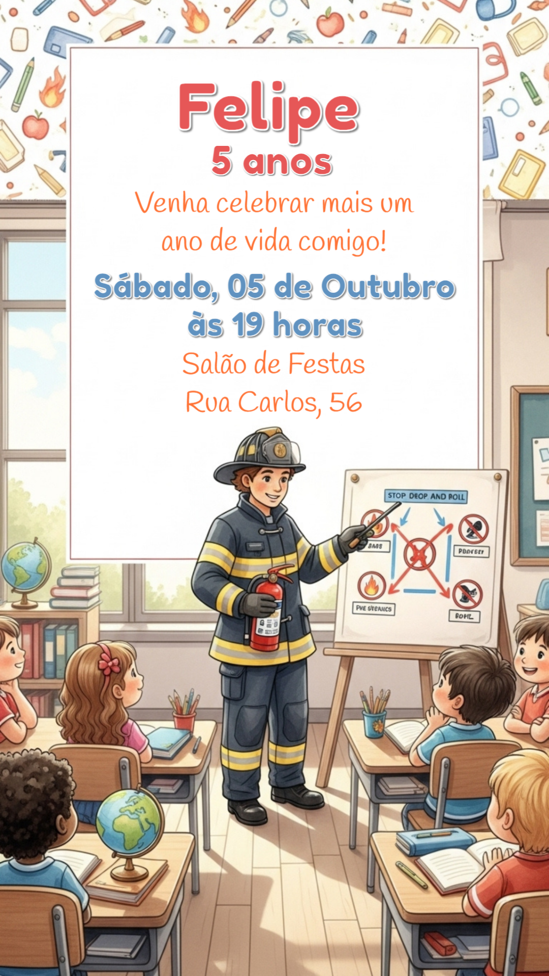 Convite Aniversário Bombeiro Infantil para Editar Online