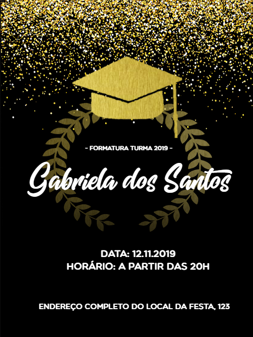 Convite de Formatura Preto e Dourado com Glitter para Editar Online Convite de Formatura Preto e Dourado com Glitter para Editar Online