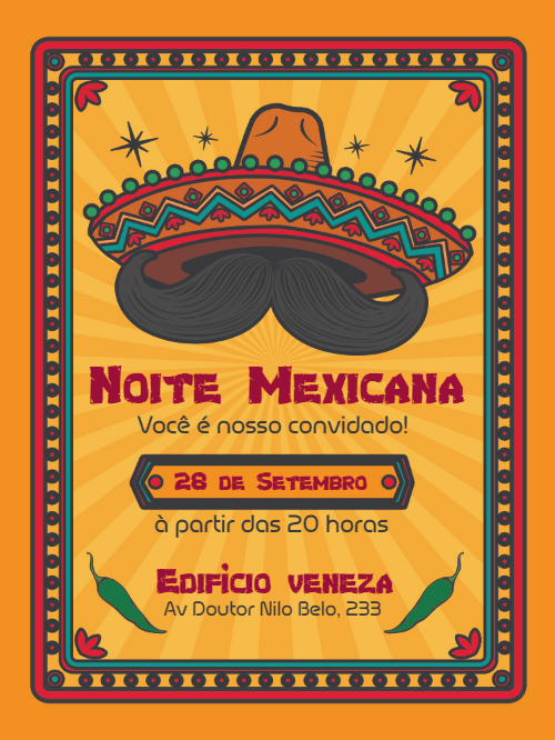 Convite Festa Mexicana com Sombrero e Pimentas para Editar Online Convite Festa Mexicana com Sombrero e Pimentas para Editar Online