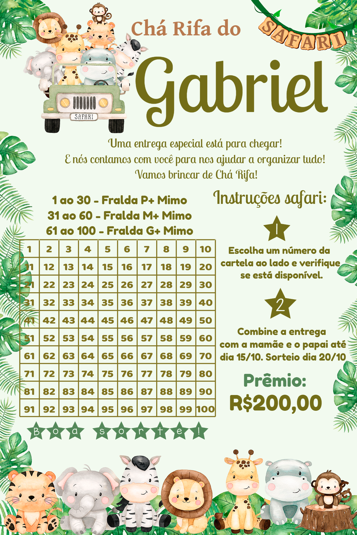 Chá Rifa Safari com Animais Fofos para Editar e Imprimir Chá Rifa Safari com Animais Fofos para Editar e Imprimir