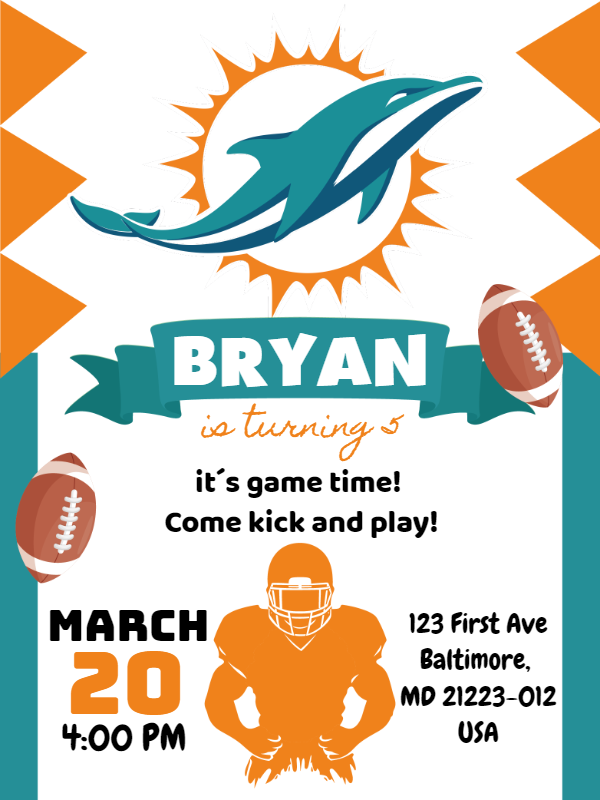 Dolphins Football Birthday Invitation to Edit Online Dolphins Football Birthday Invitation to Edit Online