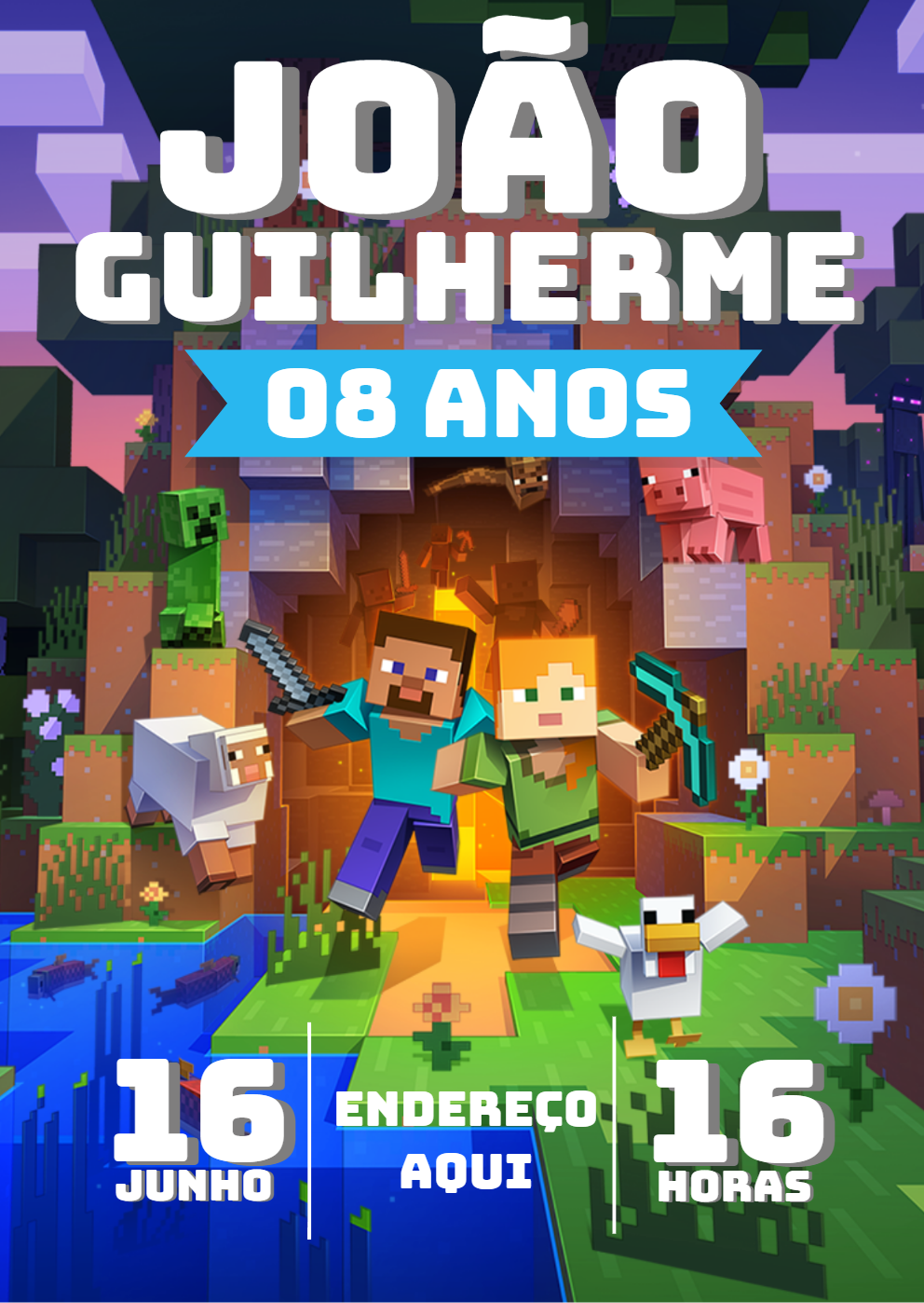 Convite de Aniversário Minecraft com Personagens para Editar Convite de Aniversário Minecraft com Personagens para Editar