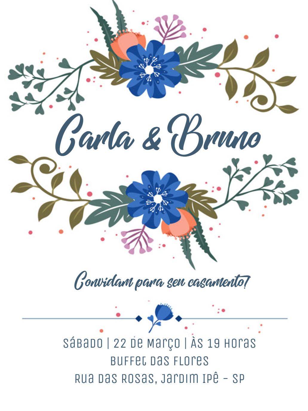 Convite de Casamento Floral Azul para Editar Online Convite de Casamento Floral Azul para Editar Online