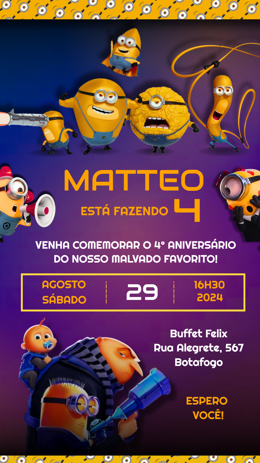 Convite de Aniversário Meu Malvado Favorito 4 para Editar Online Convite de Aniversário Meu Malvado Favorito 4 para Editar Online