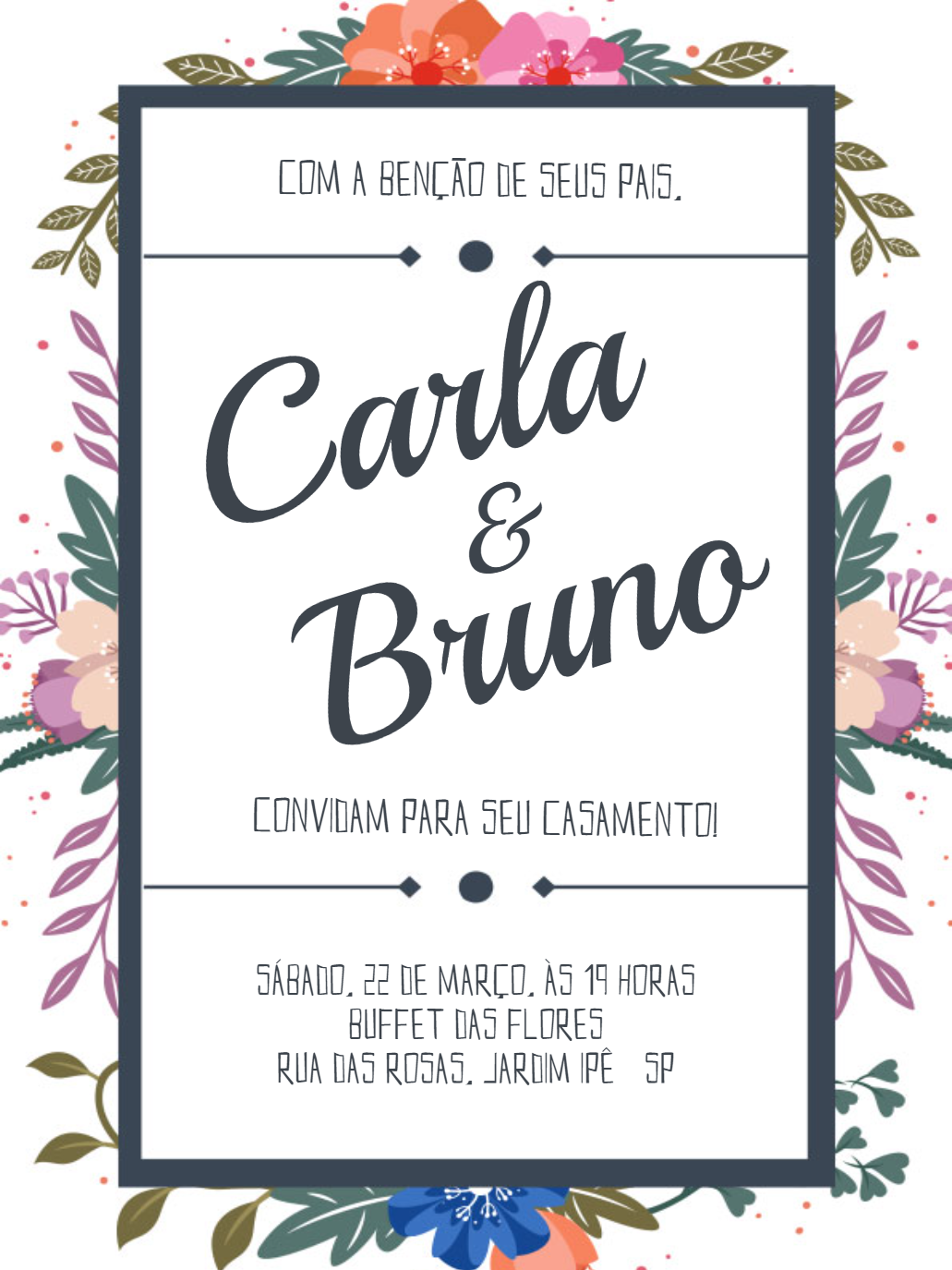 Convite de Casamento Floral Minimalista para Editar Online Convite de Casamento Floral Minimalista para Editar Online