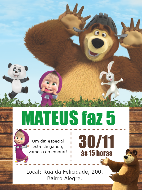 Convite Aniversário Masha e o Urso Menino para Editar Online Convite Aniversário Masha e o Urso Menino para Editar Online