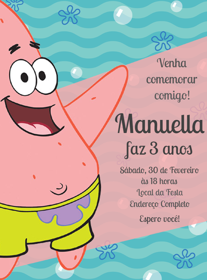 Convite Aniversário Patrick Estrela para Editar e Imprimir Convite Aniversário Patrick Estrela para Editar e Imprimir