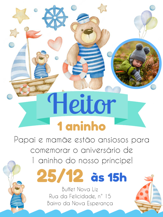 Convite Aniversário Ursinho Marinheiro com Foto para Editar Convite Aniversário Ursinho Marinheiro com Foto para Editar