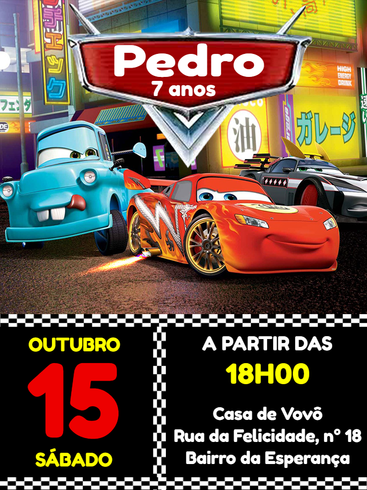 Convite de Aniversário Carros com Relâmpago McQueen para Editar Convite de Aniversário Carros com Relâmpago McQueen para Editar