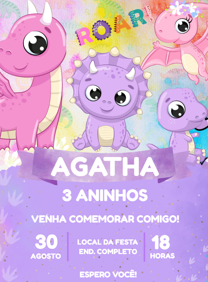 Convite Aniversário Dinossauro Baby Menina Lilás para Editar Convite Aniversário Dinossauro Baby Menina Lilás para Editar