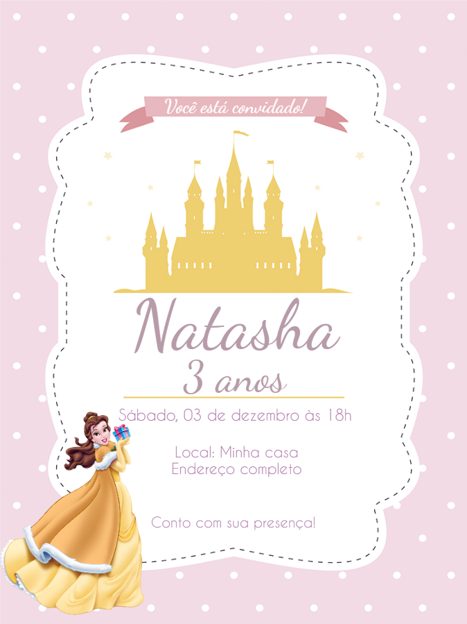 Convite de Aniversário Princesa Bela para Editar Online Convite de Aniversário Princesa Bela para Editar Online