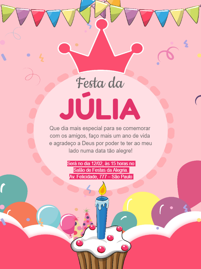 Convite Aniversário Coroa de Princesa Rosa para Editar Online Convite Aniversário Coroa de Princesa Rosa para Editar Online