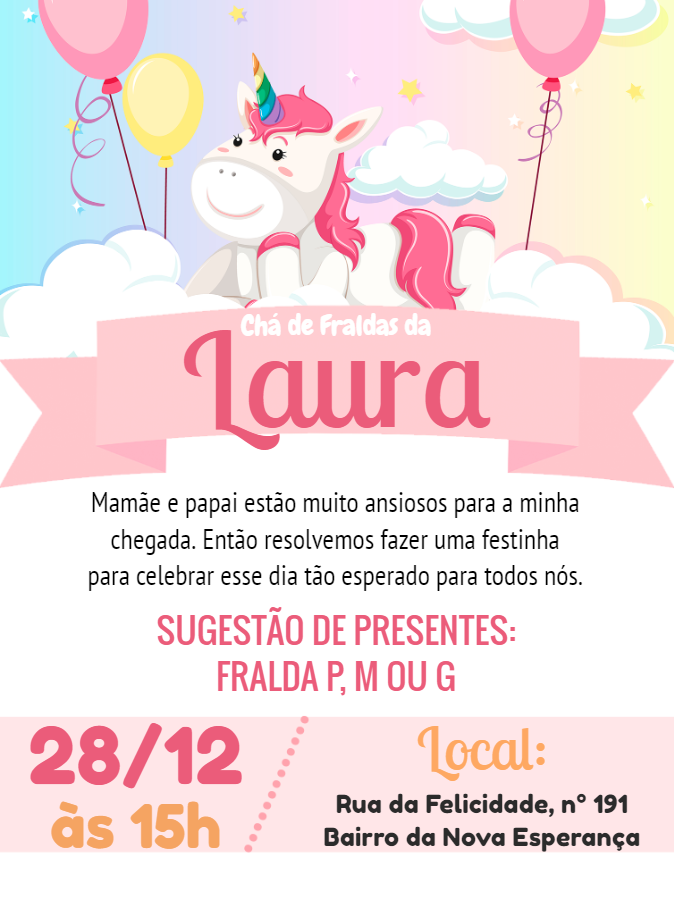 Convite Chá de Fralda Unicórnio Fofo para Editar Online Convite Chá de Fralda Unicórnio Fofo para Editar Online