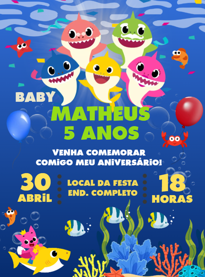 Convite Aniversário Baby Shark com Personagens para Editar Convite Aniversário Baby Shark com Personagens para Editar