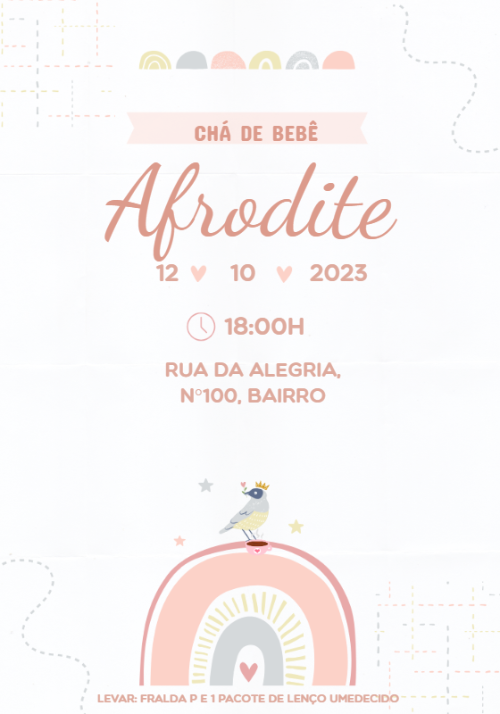 Convite Chá de Bebê Arco-íris e Passarinho para Editar Online Convite Chá de Bebê Arco-íris e Passarinho para Editar Online