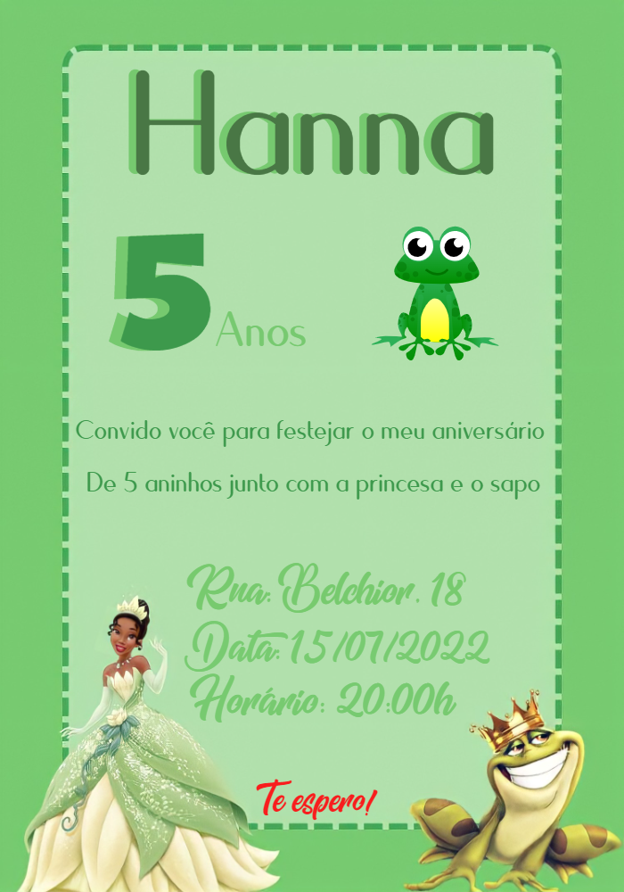 Convite Aniversário Princesa e o Sapo para Editar Online Convite Aniversário Princesa e o Sapo para Editar Online