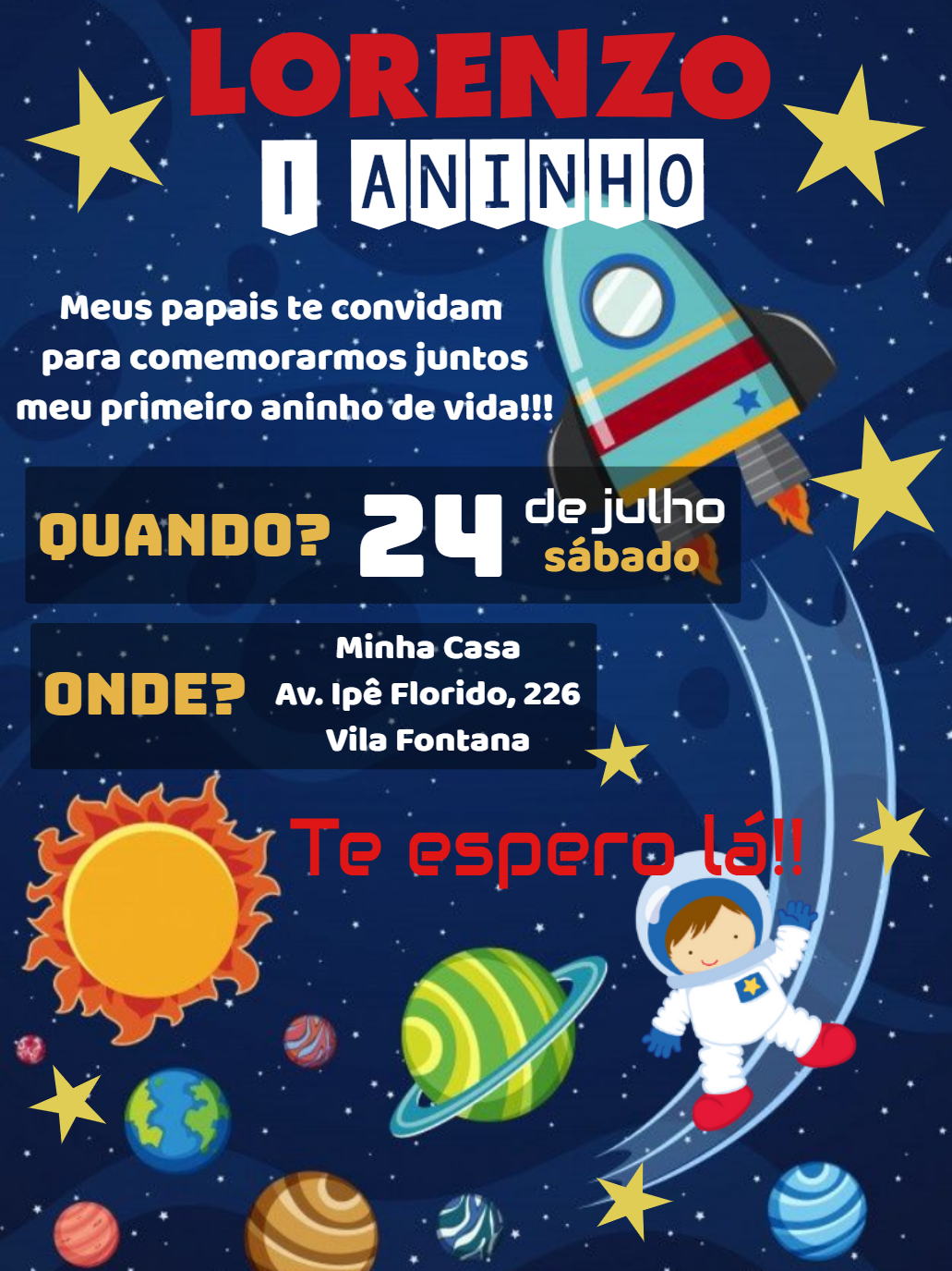 Convite Aniversário Astronauta no Espaço para Editar Online
