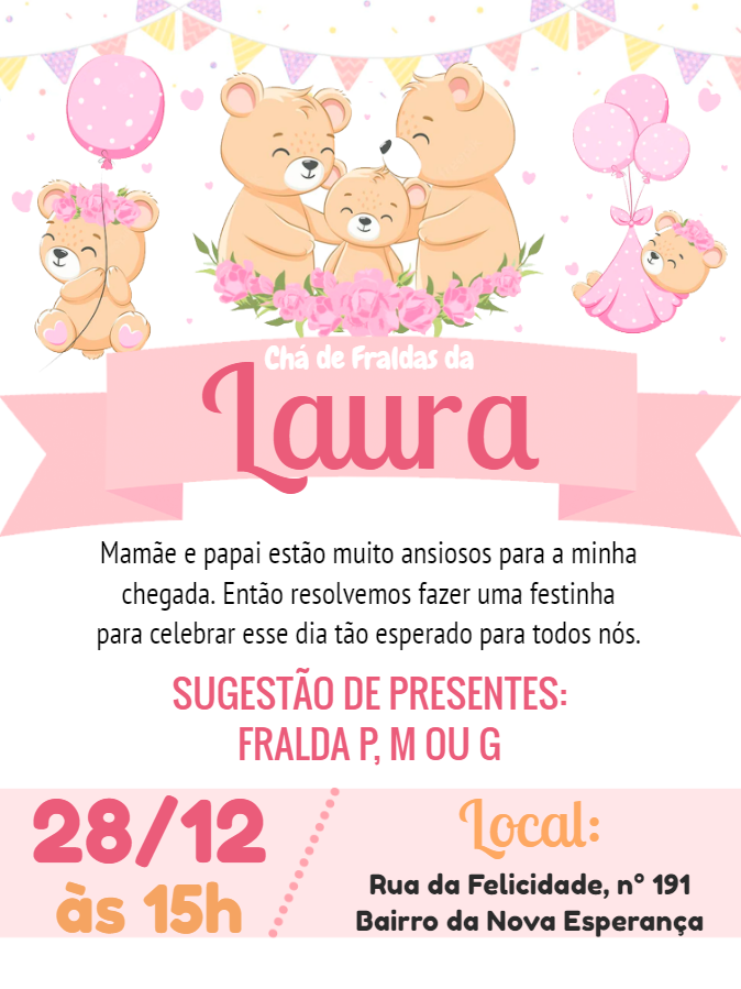 Convite Chá de Fraldas Ursinha Rosa para Editar Online Convite Chá de Fraldas Ursinha Rosa para Editar Online