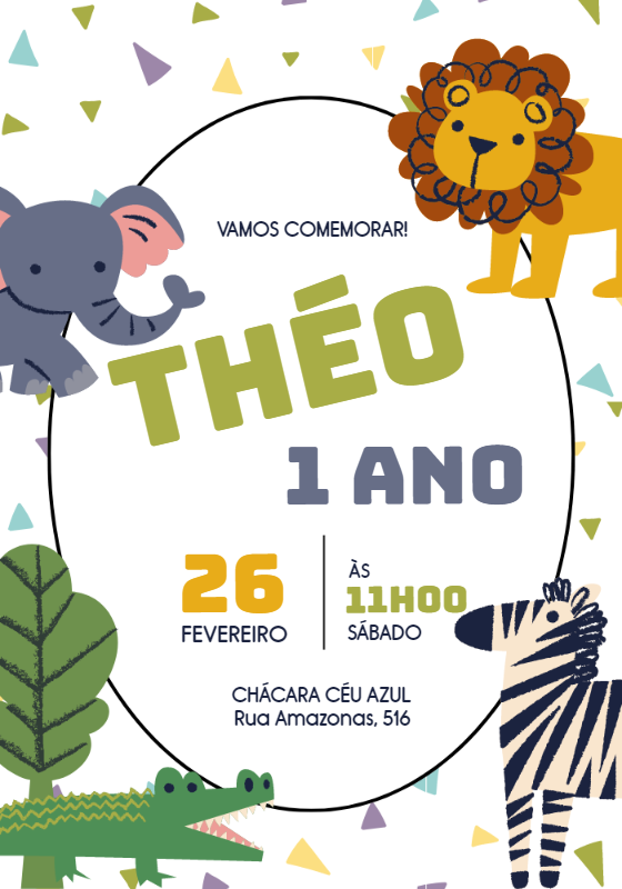 Convite Aniversário Safari com Animais Fofos para Editar Online Convite Aniversário Safari com Animais Fofos para Editar Online
