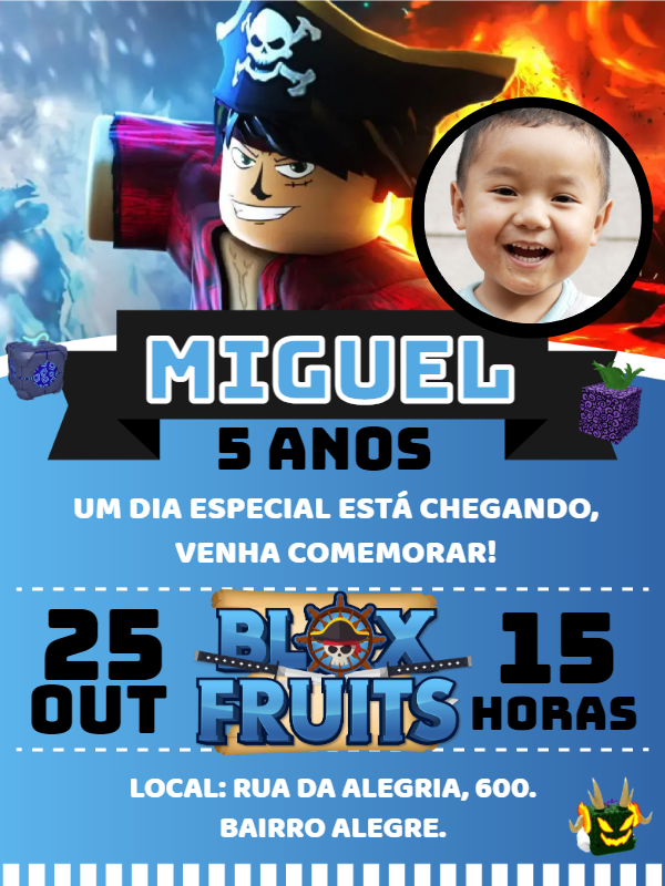 Convite de Aniversário Blox Fruits com Foto para Editar Online Convite de Aniversário Blox Fruits com Foto para Editar Online