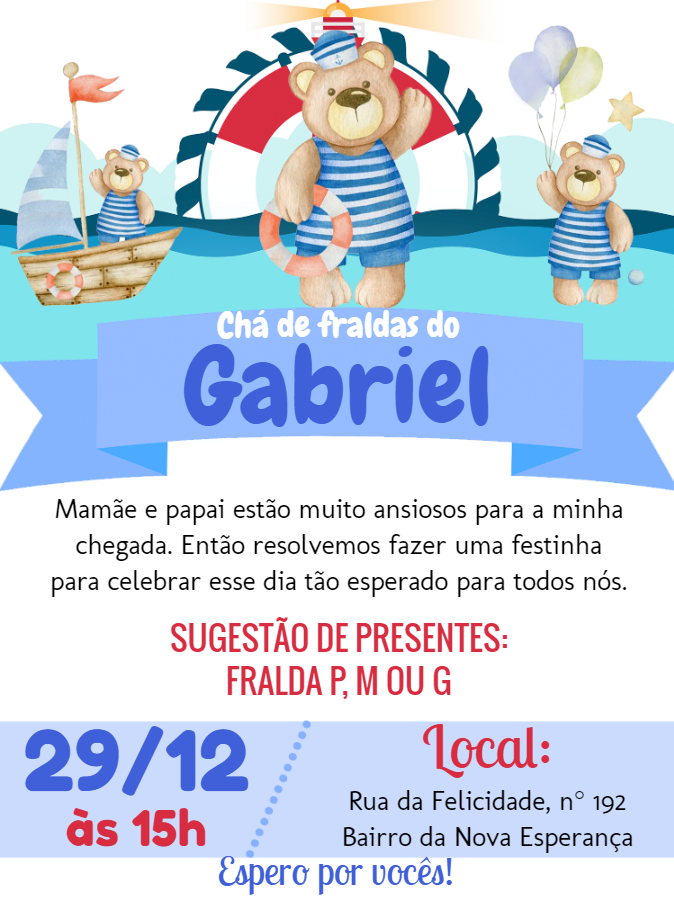 Convite Chá de Fraldas Ursinho Marinheiro para Editar Online Convite Chá de Fraldas Ursinho Marinheiro para Editar Online