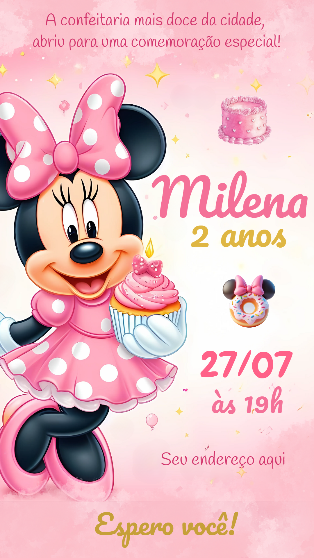 Convite de Aniversário Minnie Confeiteira para Editar Online