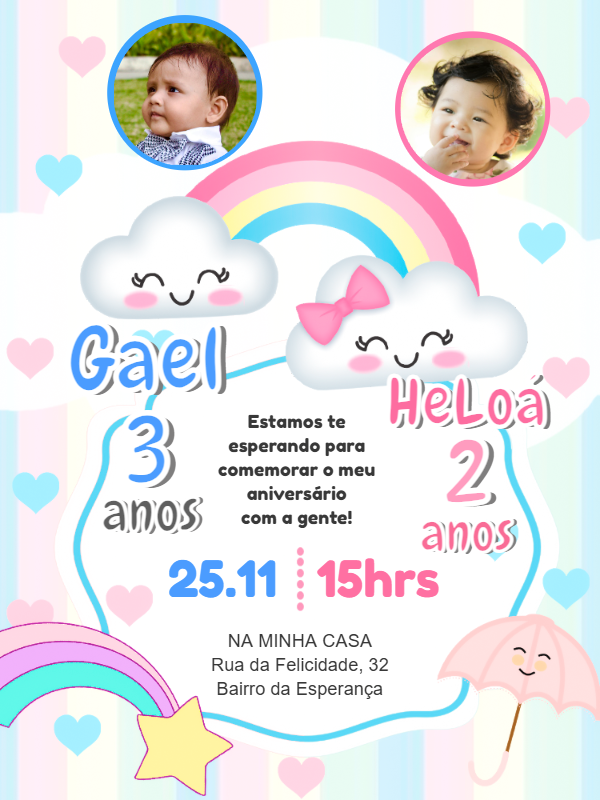 Convite Aniversário Duplo Chuva de Bençãos com Foto para Editar Convite Aniversário Duplo Chuva de Bençãos com Foto para Editar