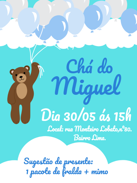 Convite Chá de Bebê Ursinho com Balões para Editar Online Convite Chá de Bebê Ursinho com Balões para Editar Online