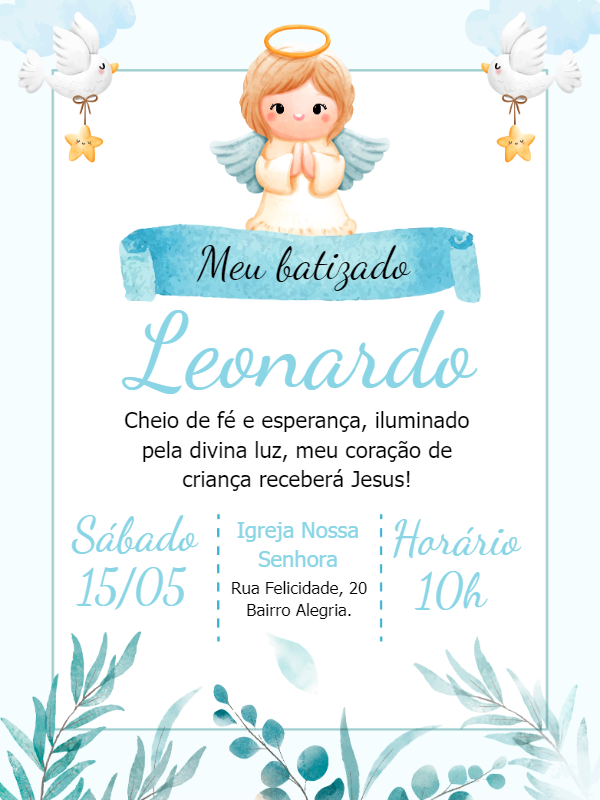 Convite de Batizado Anjinho Menino para Editar Online Convite de Batizado Anjinho Menino para Editar Online
