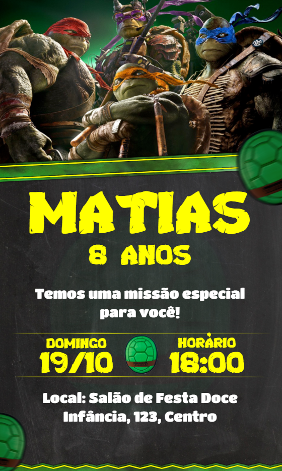 Convite de Aniversário Tartarugas Ninja para Editar Online Convite de Aniversário Tartarugas Ninja para Editar Online