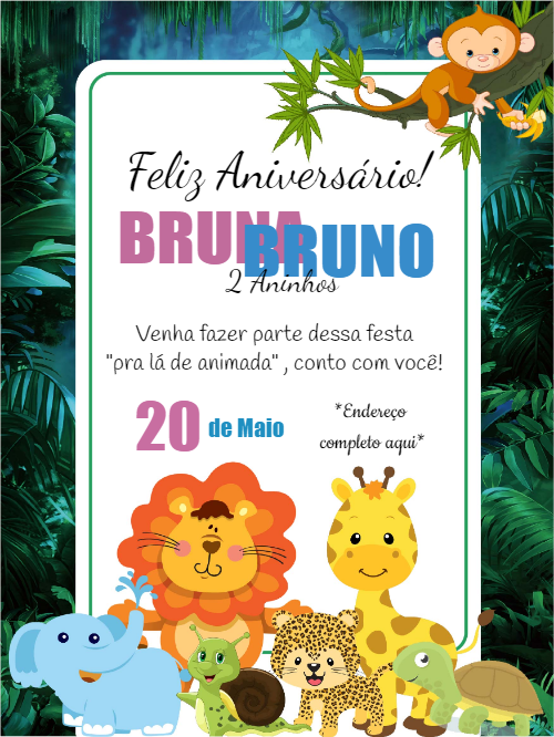 Convite Aniversário Safari com Animais Fofos para Editar Online Convite Aniversário Safari com Animais Fofos para Editar Online