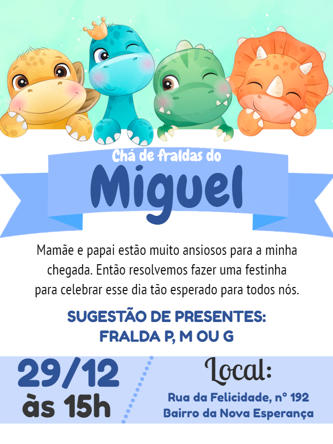 Convite Chá de Fraldas Dinossauro Baby para Editar Online Convite Chá de Fraldas Dinossauro Baby para Editar Online