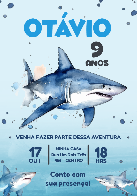 Convite Aniversário Tubarão Aquarela para Editar Online Convite Aniversário Tubarão Aquarela para Editar Online