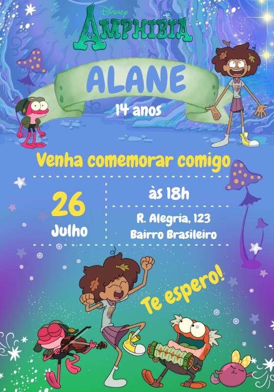 Convite Aniversário Amphibia com Personagens para Editar Online Convite Aniversário Amphibia com Personagens para Editar Online