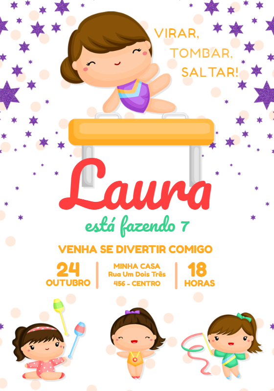 Convite de Aniversário Ginástica com Ginastas para Editar Online Convite de Aniversário Ginástica com Ginastas para Editar Online