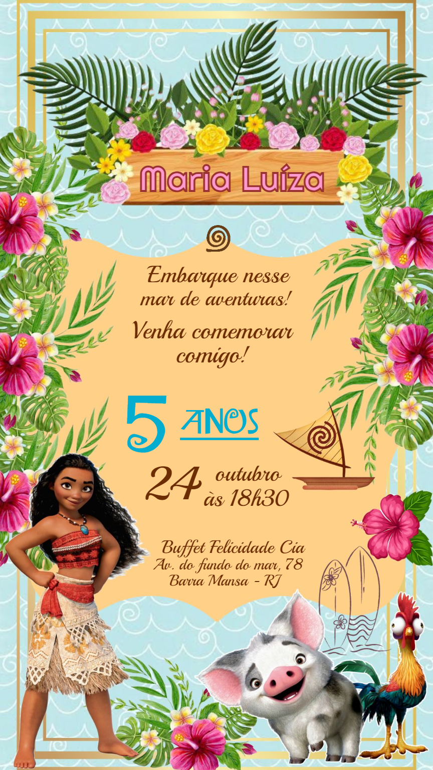 Convite Aniversário Moana com Personagens para Editar Online