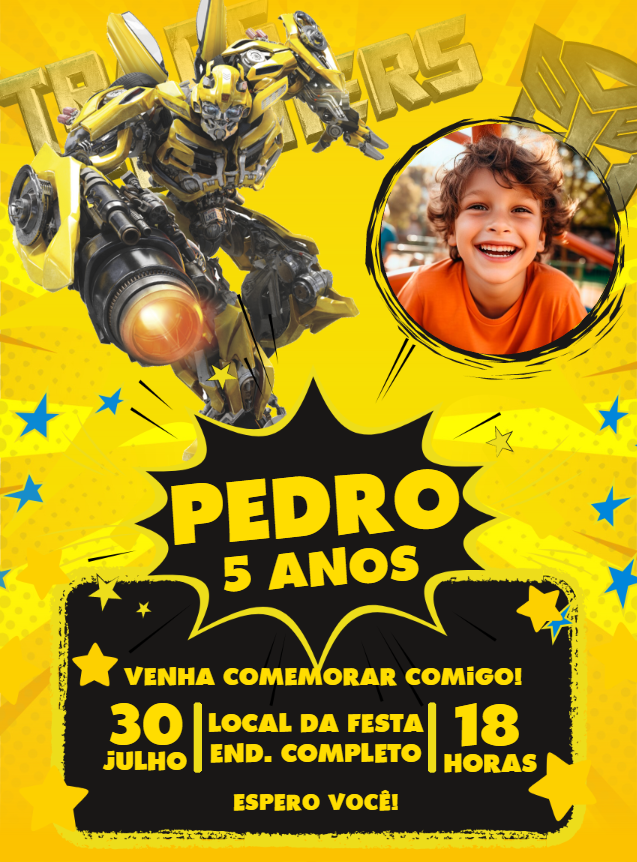 Convite Aniversário Bumblebee Transformers com Foto para Editar Convite Aniversário Bumblebee Transformers com Foto para Editar