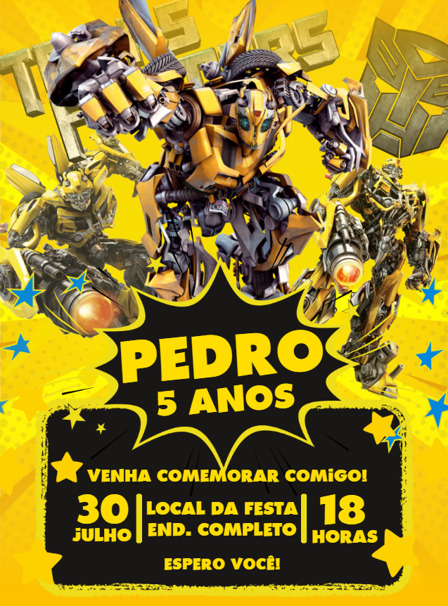 Convite Aniversário Transformers Bumblebee para Editar Online Convite Aniversário Transformers Bumblebee para Editar Online